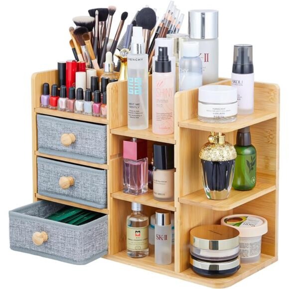 Makeup Organizer Countertop,Cosmetic Skincare Organizers With 3 Brush Holders - Picture 1 of 7